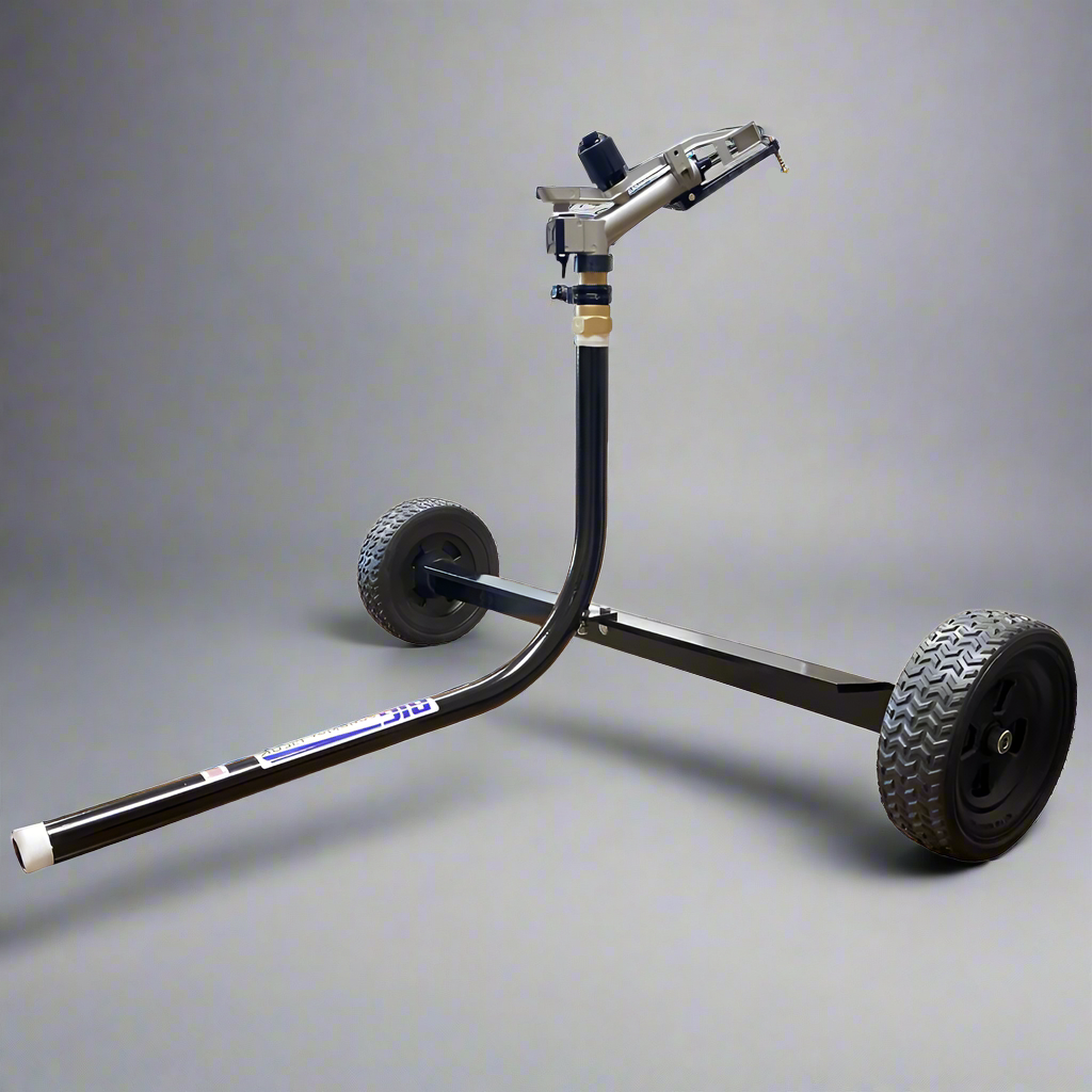A heavy-duty wheeled sprinkler cart made of steel, featuring a large commercial grade impact style sprinkler attached to a hose.