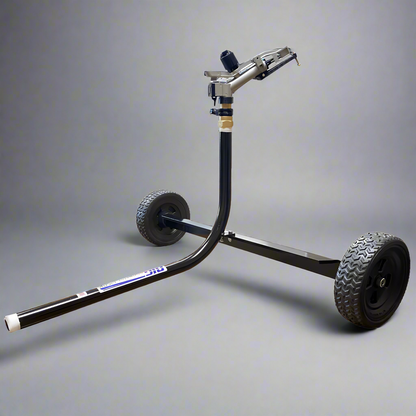 A heavy-duty wheeled sprinkler cart made of steel, featuring a large commercial grade impact style sprinkler attached to a hose.