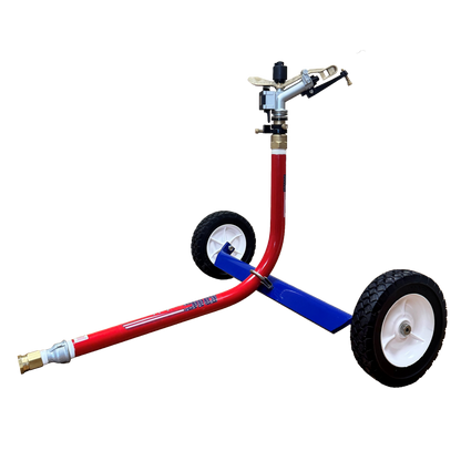 Cart with red and blue hoses and wheels on a white background
