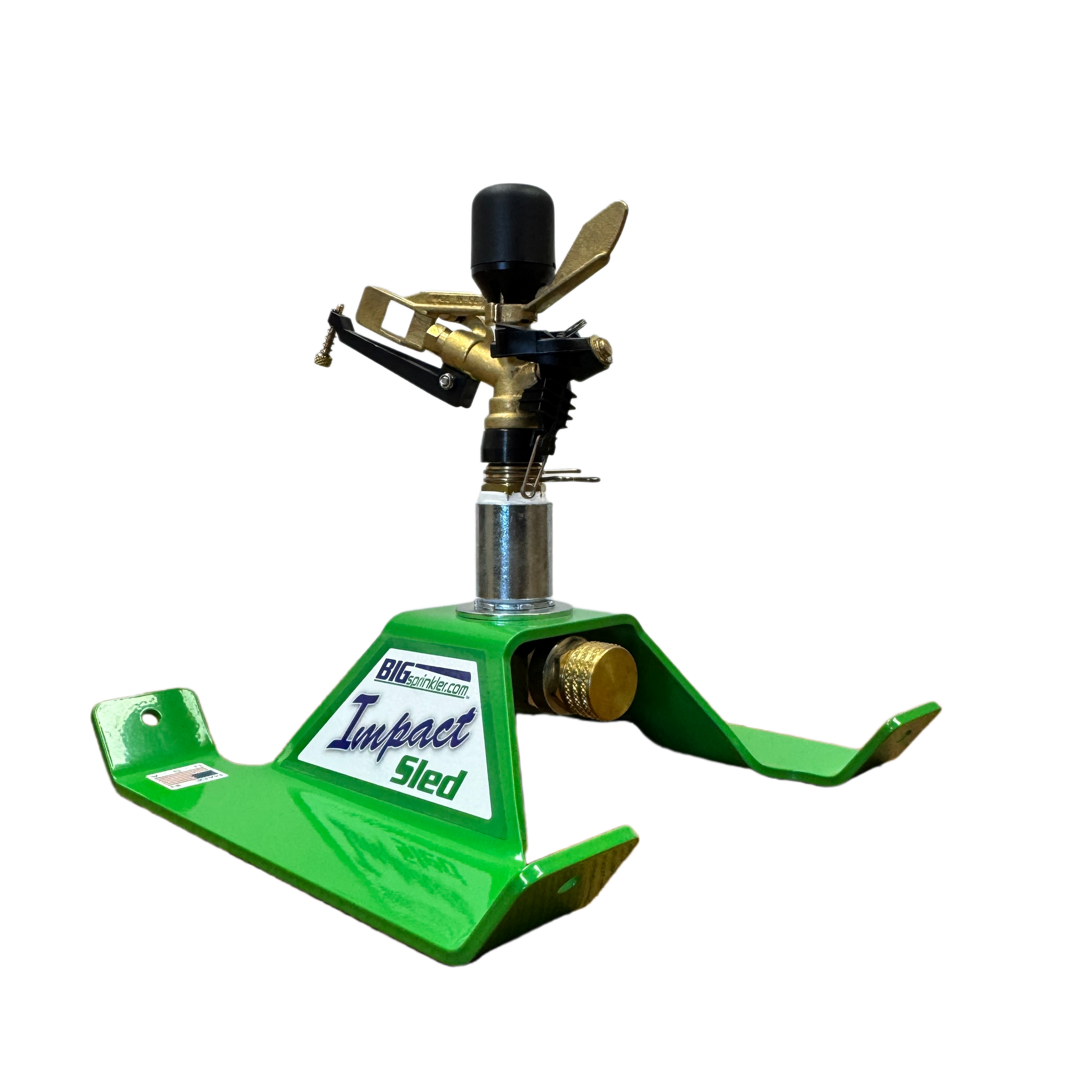 Green impact sled with brass nozzle on a white background