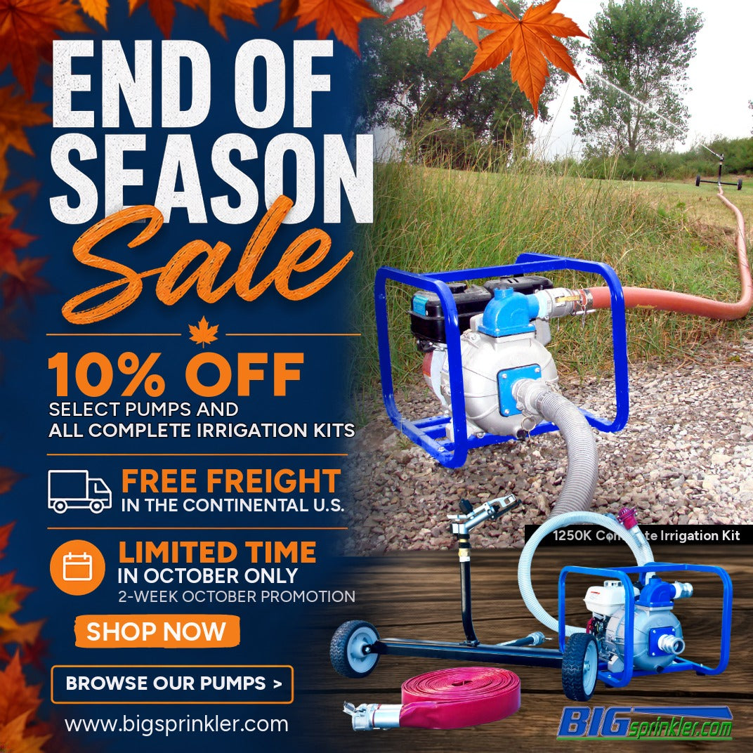 Promotional sale graphic for Big Sprinkler Company featuring an end-of-season discount. The left side has a dark blue background with orange and white text advertising a 10% off selection of pumps and complete irrigation kits, free freight, and limited time October only.