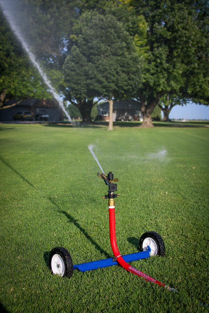 A red and blue wheeled garden hose sprinkler on a green lawn, spraying water in a backyard setting with trees in the background.