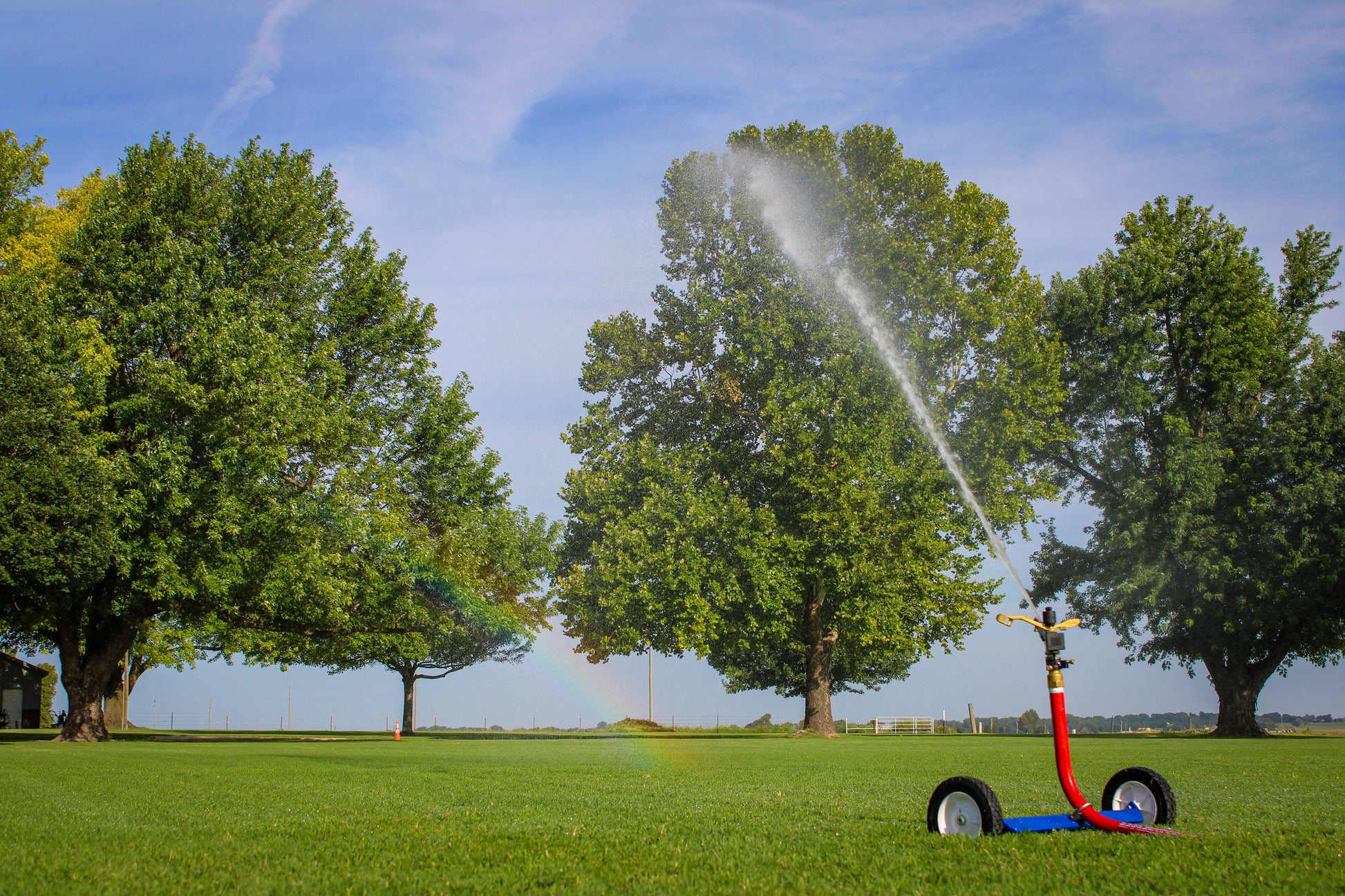 A red and blue wheeled sprinkler watering a large green lawn in a park, with trees, blue sky, and a faint rainbow visible.