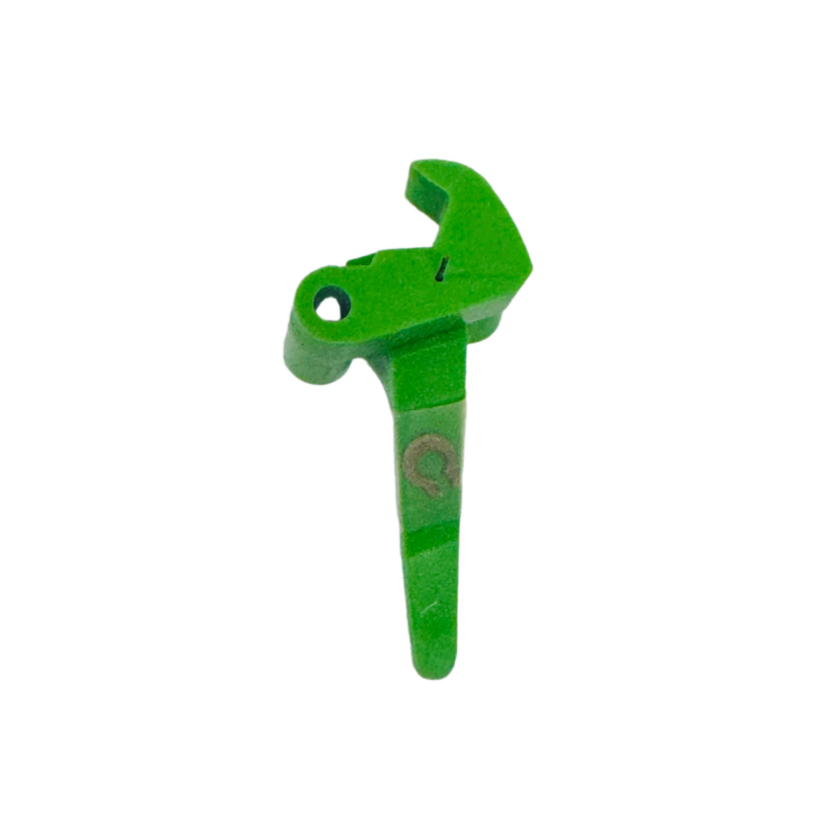 A small bright green plastic replacement part with a looped top and a vertical stem, shown on a plain white background.