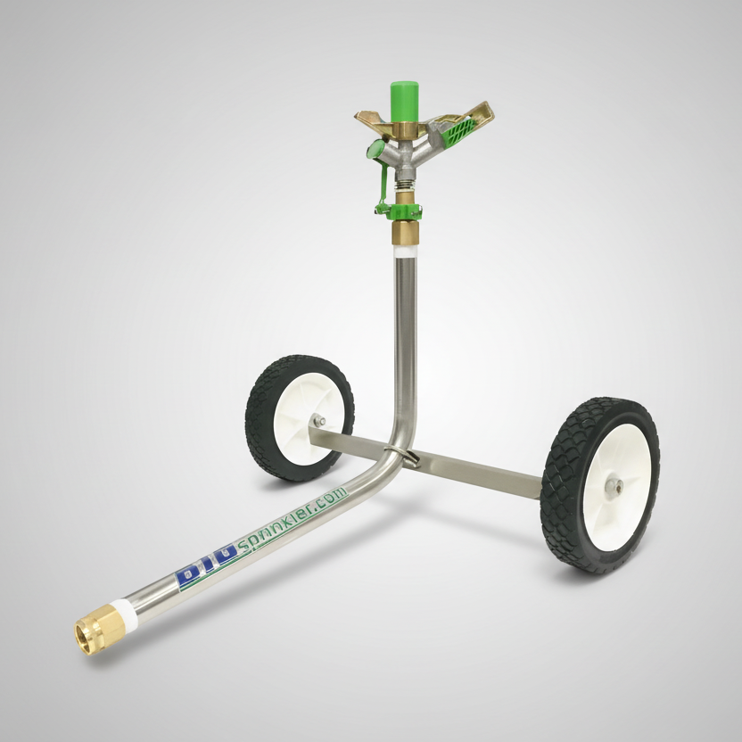 Three-wheeled metal cart with brass nozzles on a gray background