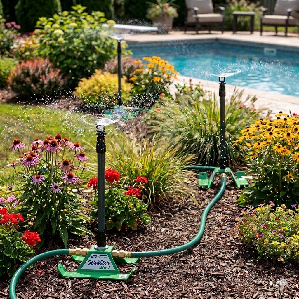 Sprinkler system in a garden with flowers and a pool in the background