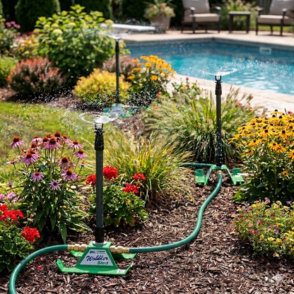 Sprinkler system in a garden with flowers and a pool in the background